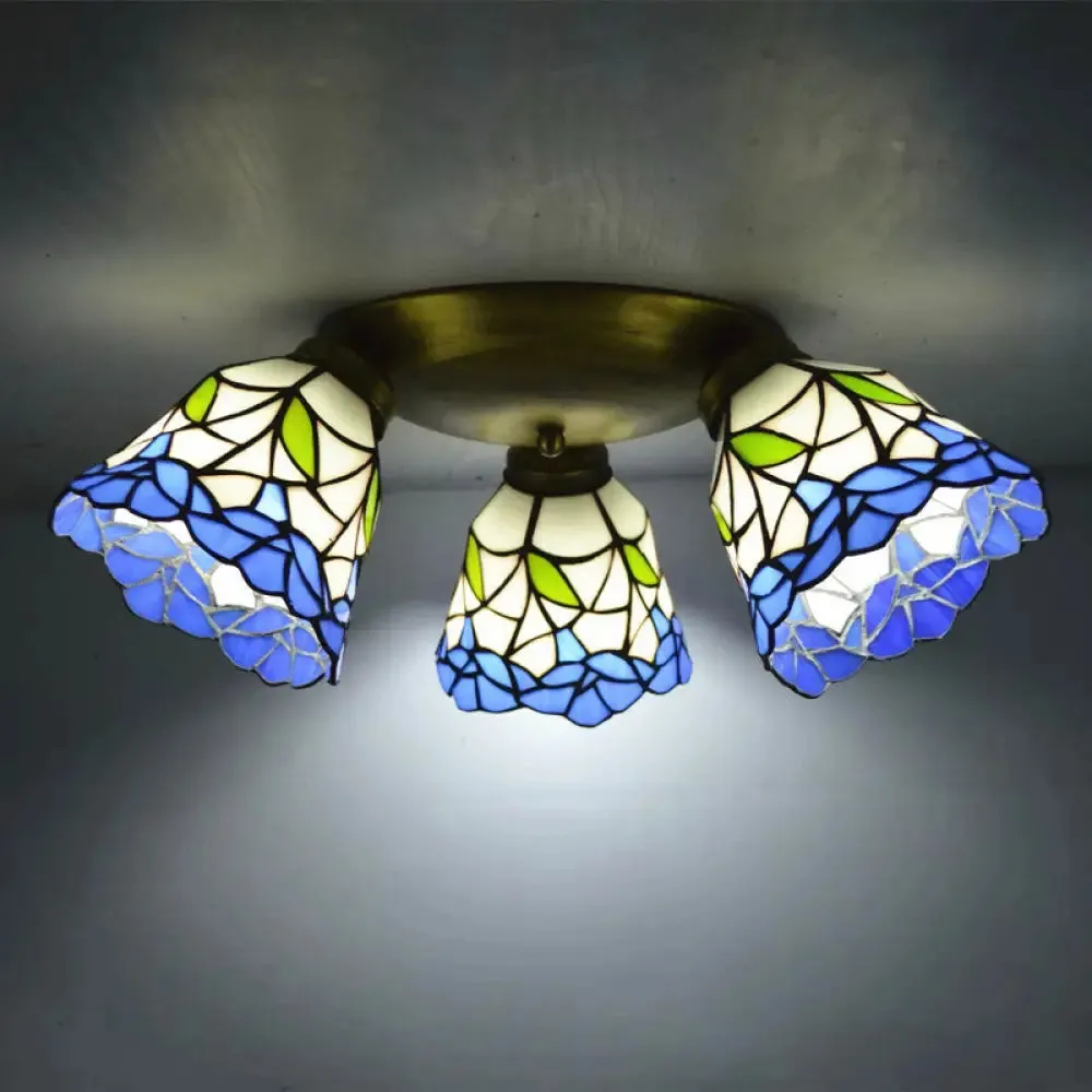 Tiffany Stained Glass Ceiling Light Fixture - Small Flush Mount for Hallway with 3 Heads