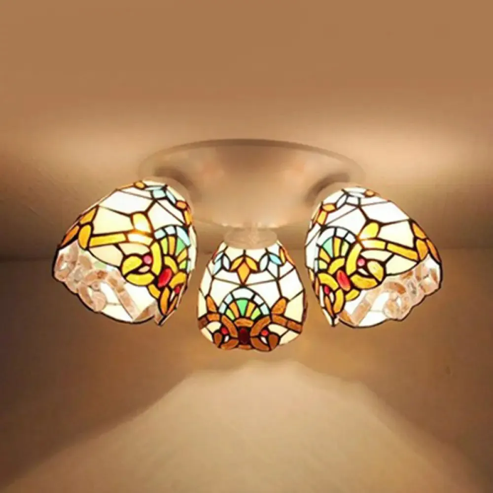 Tiffany Stained Glass Ceiling Light Fixture - Small Flush Mount for Hallway with 3 Heads