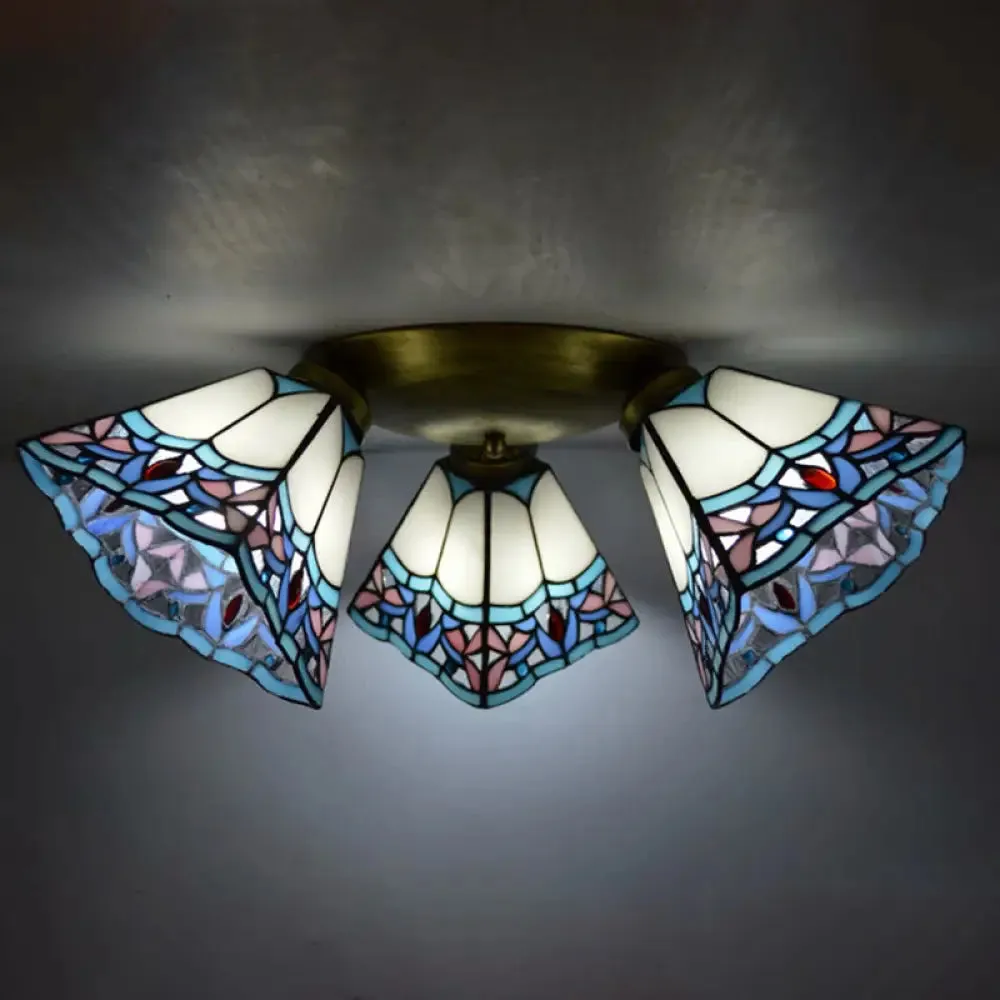 Tiffany Stained Glass Ceiling Light Fixture - Small Flush Mount for Hallway with 3 Heads