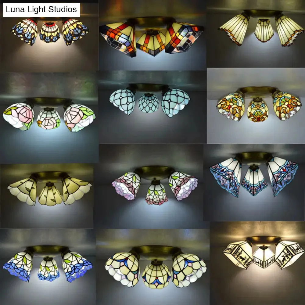 Tiffany Stained Glass Ceiling Light Fixture - Small Flush Mount for Hallway with 3 Heads