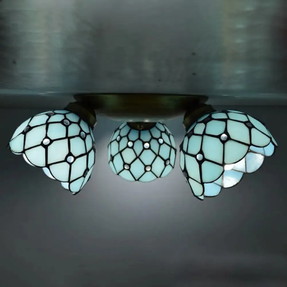 Tiffany Stained Glass Ceiling Light Fixture - Small Flush Mount for Hallway with 3 Heads