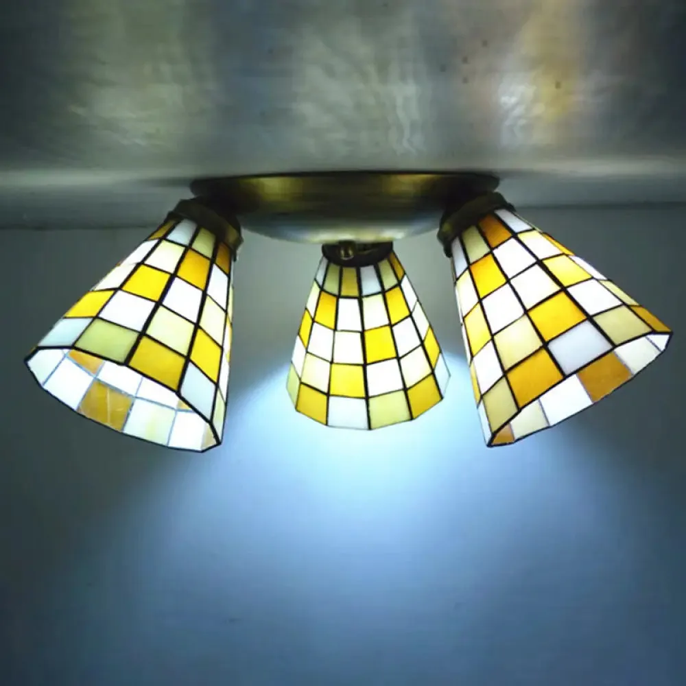 Tiffany Stained Glass Ceiling Light Fixture - Small Flush Mount for Hallway with 3 Heads