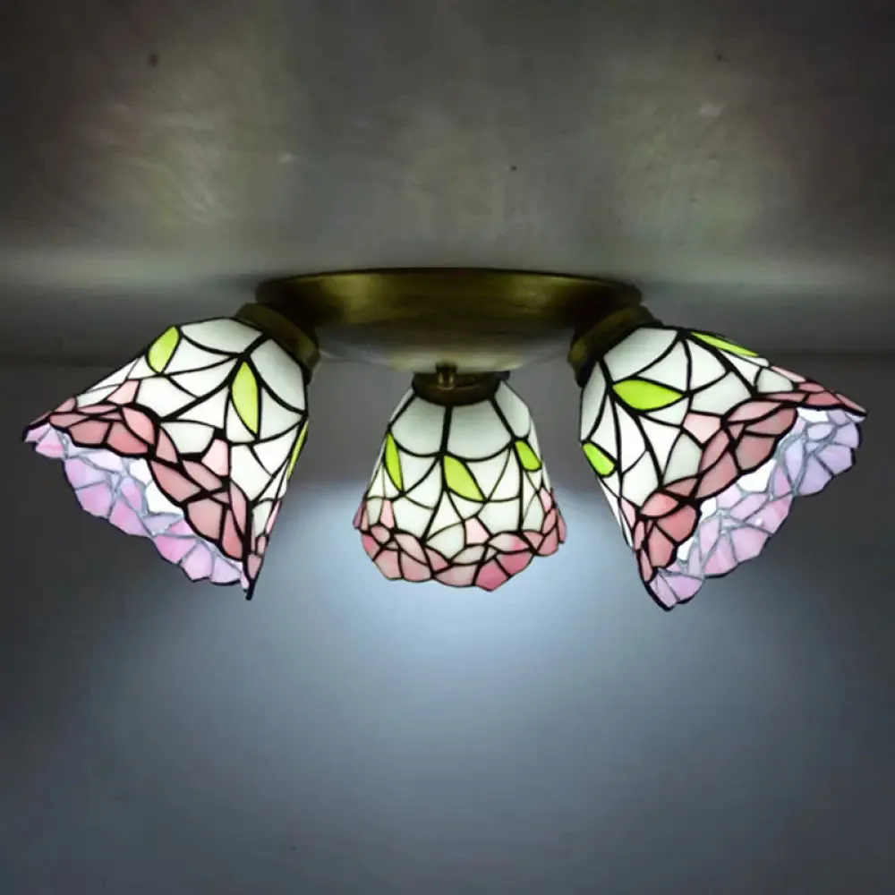 Tiffany Stained Glass Ceiling Light Fixture - Small Flush Mount for Hallway with 3 Heads