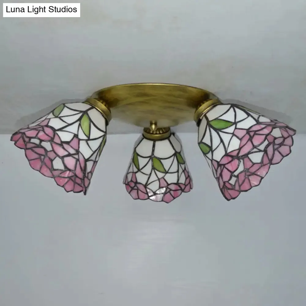 Tiffany Stained Glass Ceiling Light Fixture - Small Flush Mount for Hallway with 3 Heads