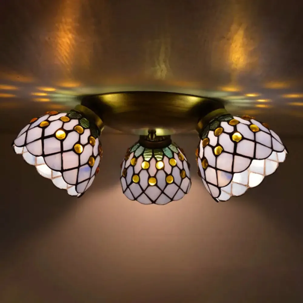 Tiffany Stained Glass Ceiling Light Fixture - Small Flush Mount for Hallway with 3 Heads