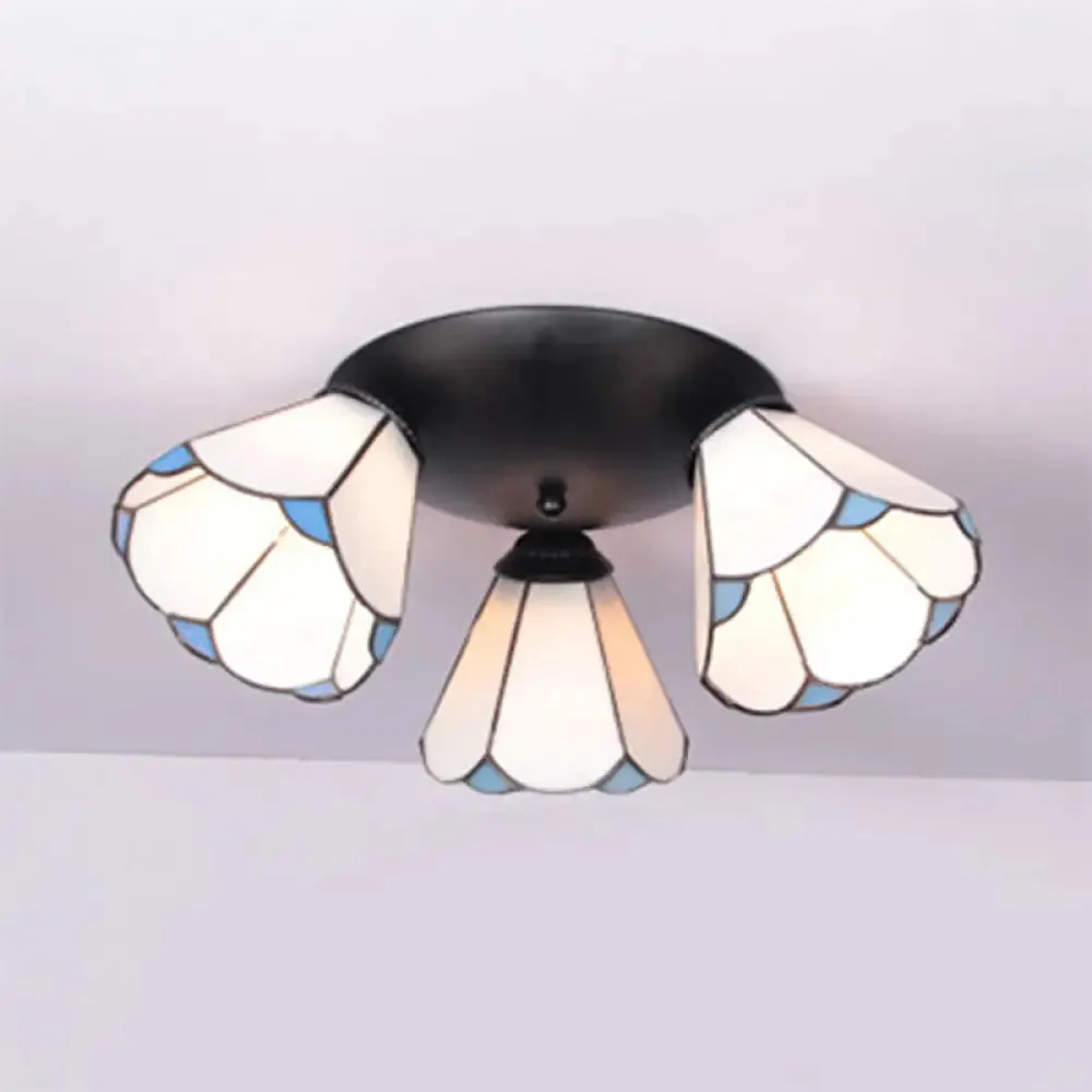 Tiffany Stained Glass Ceiling Light Fixture - Small Flush Mount for Hallway with 3 Heads