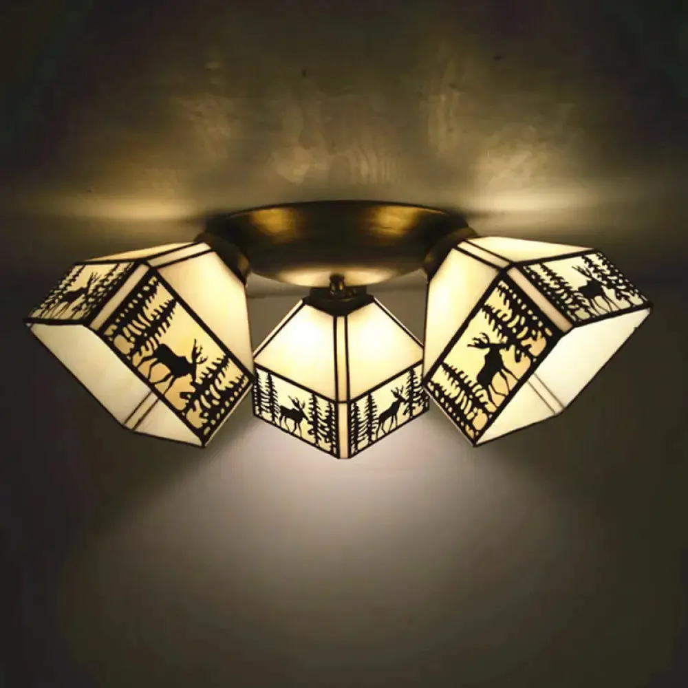 Tiffany Stained Glass Ceiling Light Fixture - Small Flush Mount for Hallway with 3 Heads