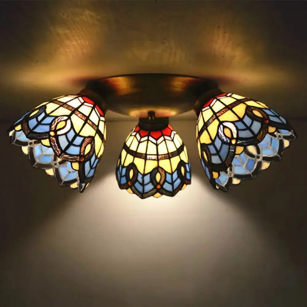 Tiffany Stained Glass Ceiling Light Fixture - Small Flush Mount for Hallway with 3 Heads