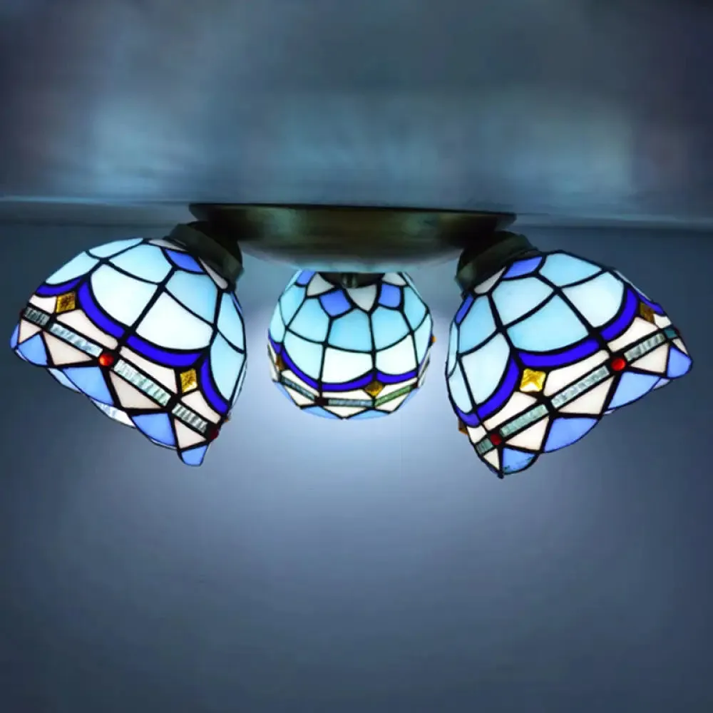 Tiffany Stained Glass Ceiling Light Fixture - Small Flush Mount for Hallway with 3 Heads
