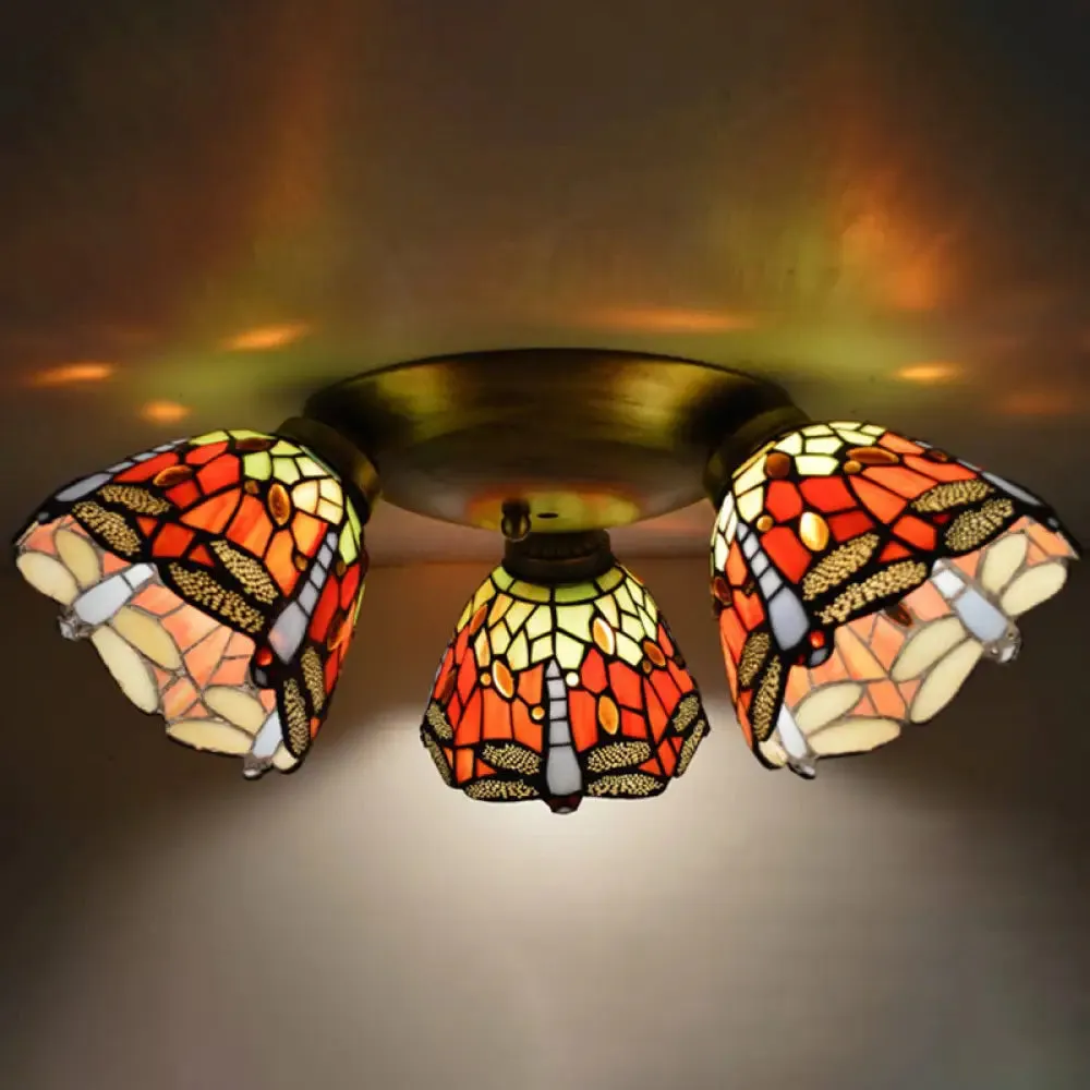 Tiffany Stained Glass Ceiling Light Fixture - Small Flush Mount for Hallway with 3 Heads
