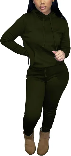 Two Piece Outfits For Women Casual Long Sleeve Hoodie Sweatshirts Jogger Sweatpants Tracksuit Sweatsuit Lounge Sets-Army Green-S
