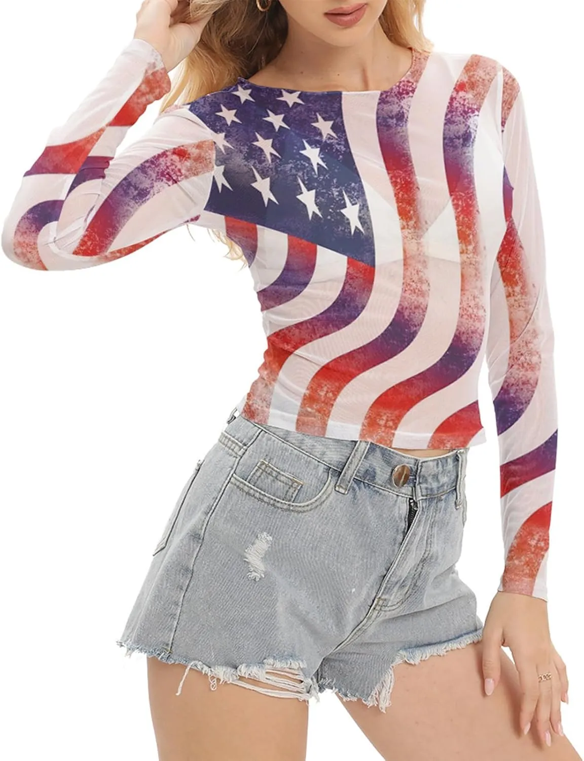 Women Mesh Printed Crop Top Shirt Long-Sleeved Slim Cool T-Shirts Modern Punk Street Tops