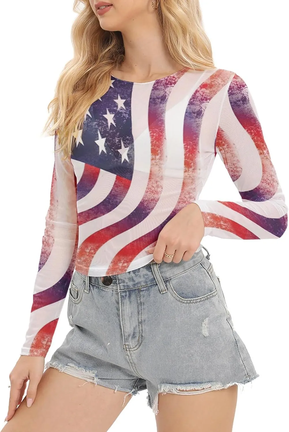 Women Mesh Printed Crop Top Shirt Long-Sleeved Slim Cool T-Shirts Modern Punk Street Tops