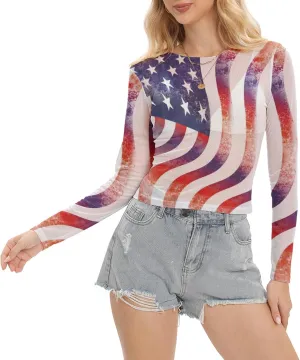 Women Mesh Printed Crop Top Shirt Long-Sleeved Slim Cool T-Shirts Modern Punk Street Tops