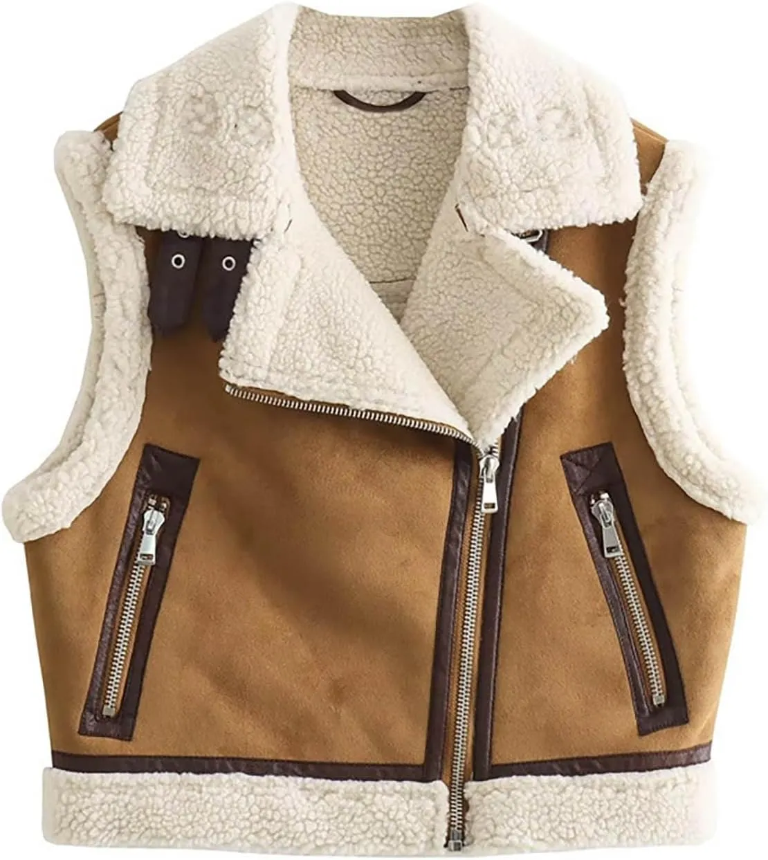 Womens Fashion Sherpa Vest Sleeveless Stand Collar Zip Up Cropped Moto Biker Coat Short Fleece Padded Gilet Outerwear
