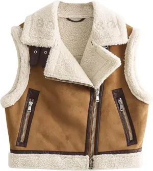 Womens Fashion Sherpa Vest Sleeveless Stand Collar Zip Up Cropped Moto Biker Coat Short Fleece Padded Gilet Outerwear
