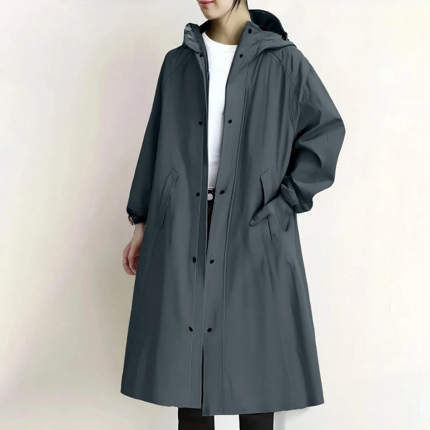 Womens Waterproof Trench Coats with Hood Windproof Rain Windbreaker Long Jackets Ligthweight Cycling Button Outerwear