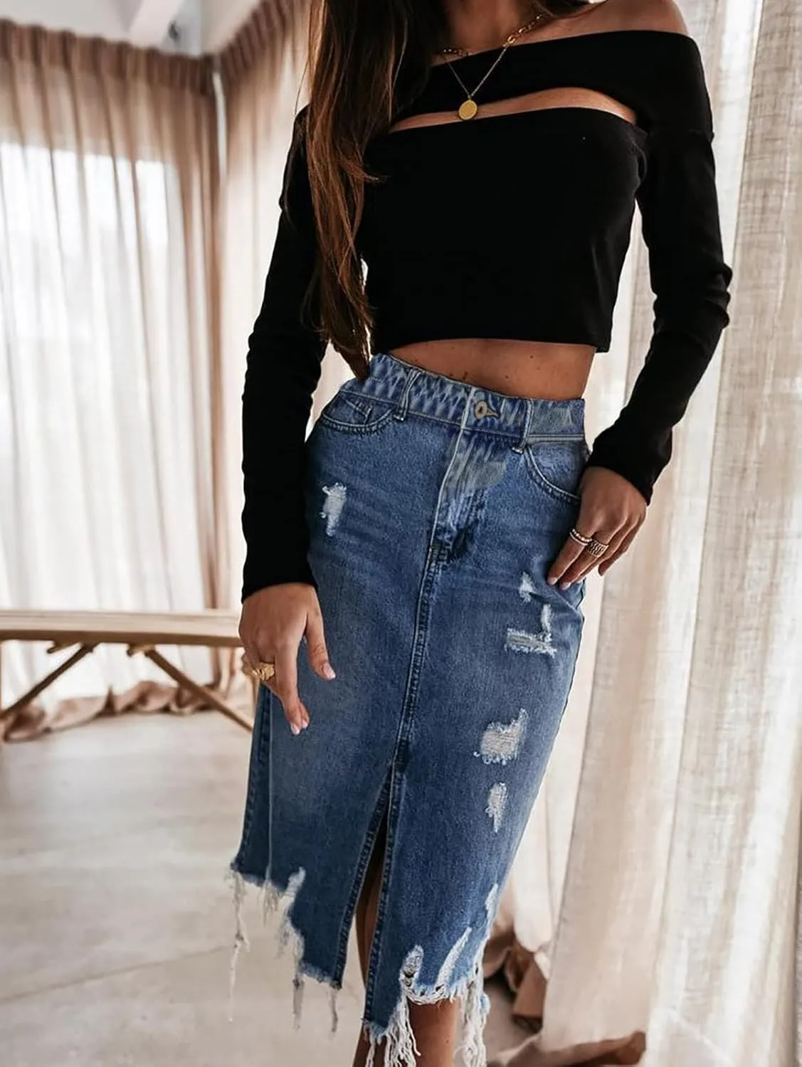 yoeasy Women Frayed Blue Jean Skirt with Pockets A-Line Casual Washed Front Split Midi Denim Skirt