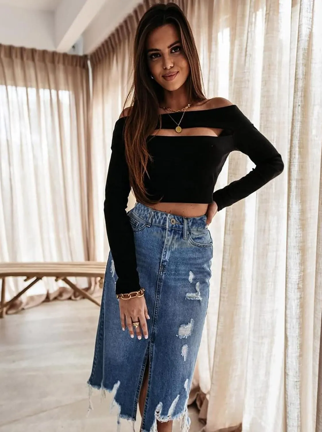 yoeasy Women Frayed Blue Jean Skirt with Pockets A-Line Casual Washed Front Split Midi Denim Skirt