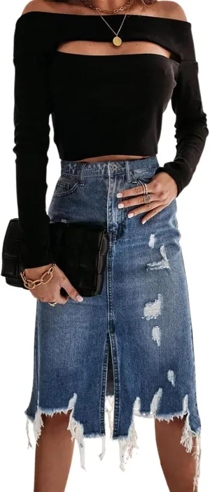 yoeasy Women Frayed Blue Jean Skirt with Pockets A-Line Casual Washed Front Split Midi Denim Skirt