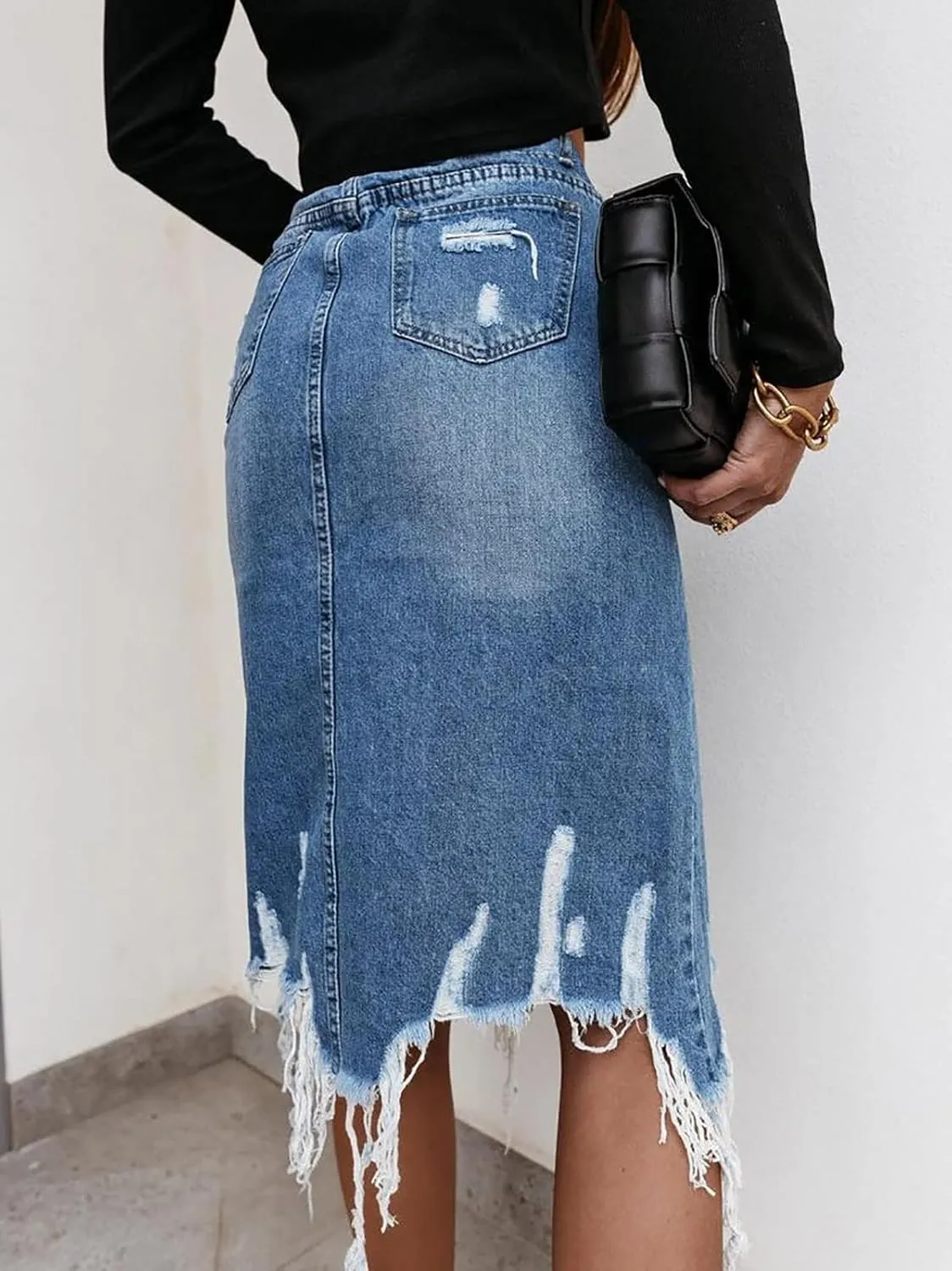 yoeasy Women Frayed Blue Jean Skirt with Pockets A-Line Casual Washed Front Split Midi Denim Skirt